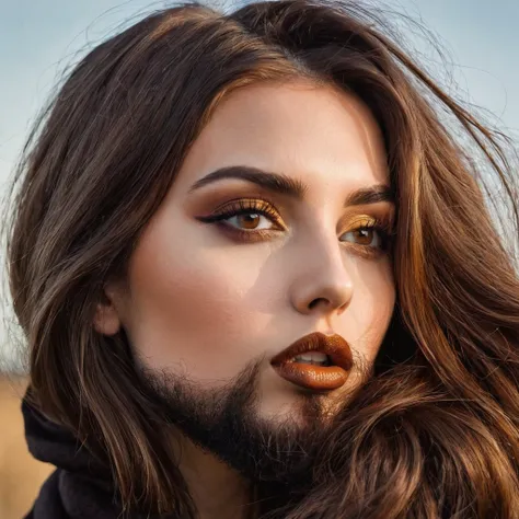 
bearded bearded woman, brown hair, amber eyes, kisses the void with her mouth