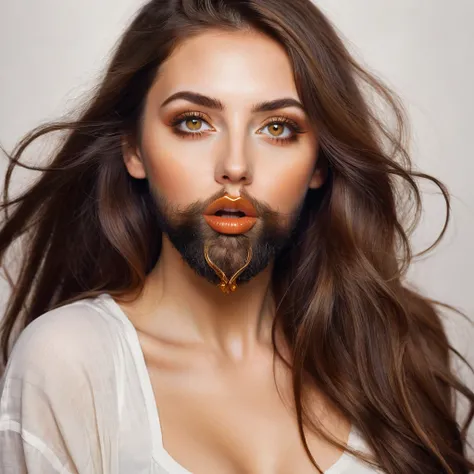 
bearded bearded woman, brown hair, amber eyes, kisses the void with her mouth