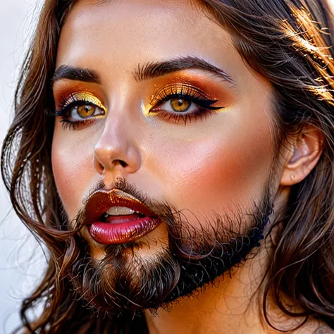 
bearded bearded woman, brown hair, amber eyes, kisses the void with her mouth