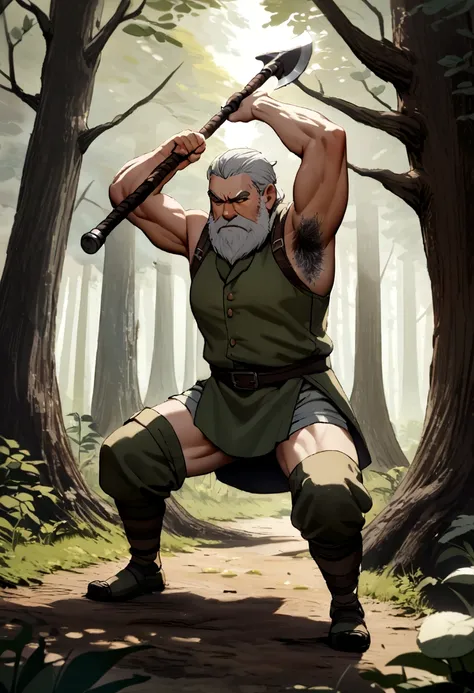 dwarf　warrior　light clothing　swing the axe up　armpit hair　stretch both feet forward and backward　gray hair　in the forest　in comb...