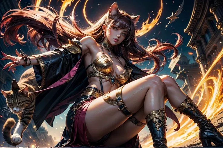 There is lost coliseum there stand female lionessin battle stance, she have ebony colour skin beautiful yellow cat eyes dark gold eyeshadows make up, ring style earrings, her hair is purple with pink highlights . she dressed in white neather topic with gol...