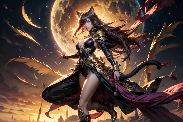 There is lost coliseum there stand female lionessin battle stance, she have ebony colour skin beautiful yellow cat eyes dark gold eyeshadows make up, ring style earrings, her hair is purple with pink highlights . she dressed in white neather topic with gol...