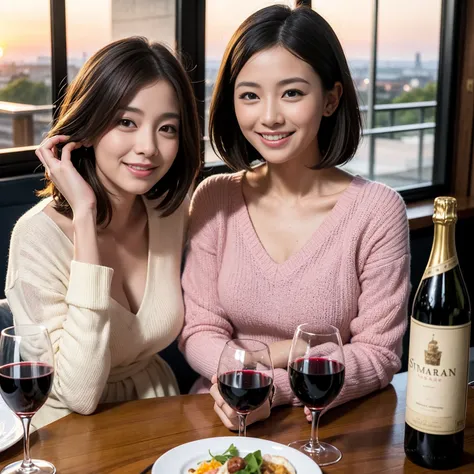 ((Highest quality、8k、masterpiece:1.3))、 (Genuineistic, Genuine、Bright image、Intricate details:1.2), 最高のsmile、1 male,1 female、Beautiful couple、Satomi Ishihara-like lover、Good friends、actress couple、smile、A full-course dinner with a full table、 (Slim face), ...