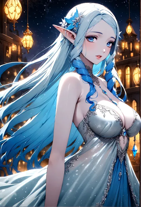 A ice elf (lovely woman, pale blue skin, deep blue hair and eyes, sheer reflective evening dress) acting alluring in a winter wonder land