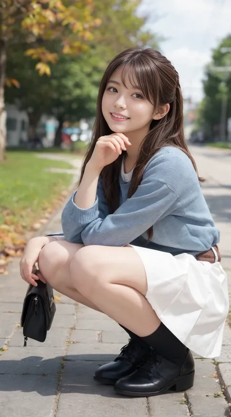 (Happy expression:1.26)、RAW Photos、(((The ultimate beauty full-body photo)))、((Glowing Skin))、1 Girl、25 year old beautiful girl from Prague、Bright expression、((Brown haired))、Girl in sweatshirt、Checkered Pleated Skirt、View from the floor、(Long stockings or...