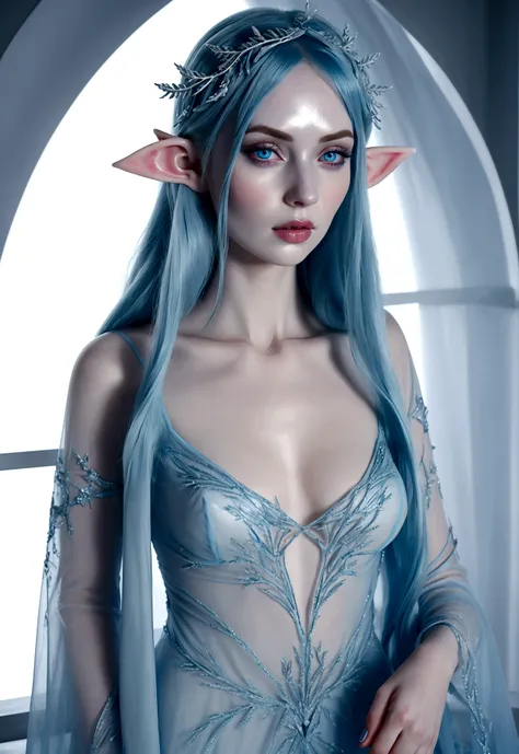 A ice elf (lovely woman, pale blue skin, deep blue hair and eyes, sheer reflective evening dress) acting alluring in a winter wonder land
