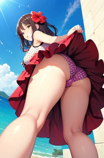 （（（From below））），hot summer，skirt，Cleavage，Ass，hibiscus，suit，Polka dot panties，tennis，Slightly thick thighs