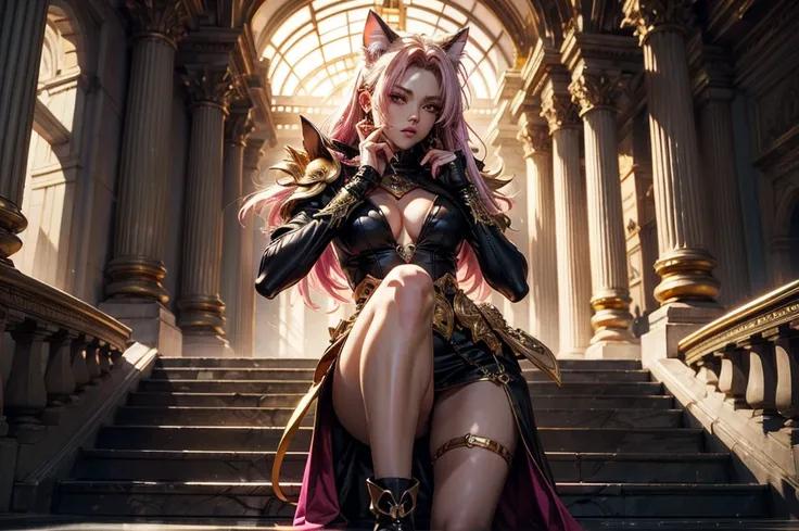 There is lost coliseum there stand female lionessin battle stance, she have ebony colour skin beautiful yellow cat eyes dark gold eyeshadows make up, ring style earrings, her hair is purple with pink highlights . she dressed in white neather topic with gol...