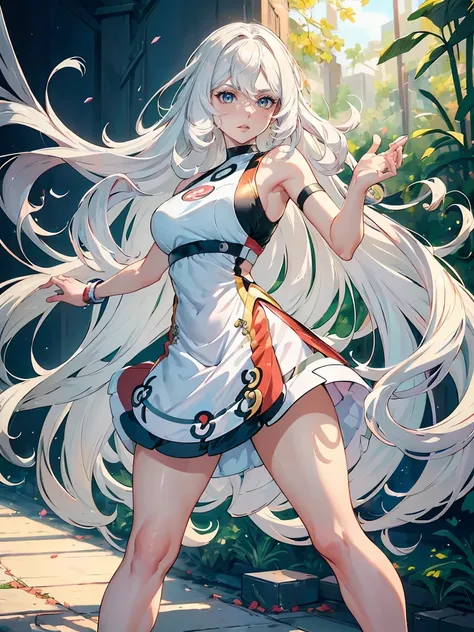 handsome mature woman，Long wavy white hair，Hyperresolution，accuracy，Detailed rendering，（Subtle facial image）（Image of fine hair）（topquality）（Masterpieces of masters）（High degree of completeness）（A sense of atmosphere）tmasterpiece，Super detailed and super d...