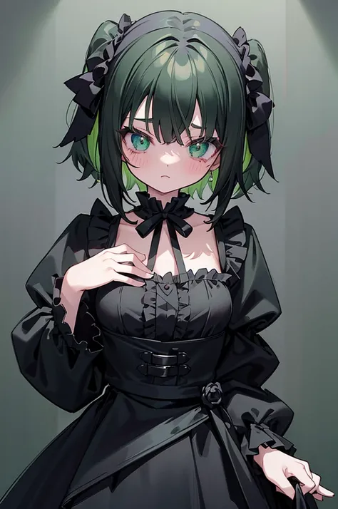 gloomy　Vigilance　weak　childish　Small breasts　Black Hair　Green Mesh　Bust A cup　green_and_black_hair_color two_color_hair　Belt on torso　ribbon　Frills　Black Costume　Gothic Girl　Japanese anime hand drawn illustration