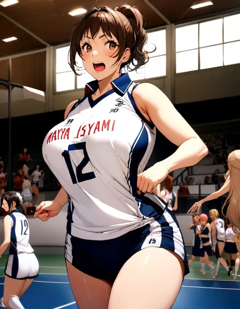 A woman in her 50s running on the court in a volleyball uniform, Wearing a volleyball jersey, Japanese Model, mayuri shiina, chiho ashima, deAyami kojima, Ayami, kiyoko suzuki, Nishimiya Shoko, marin kitagawa, Huge and stunning goddess shots, Maya Takamura...