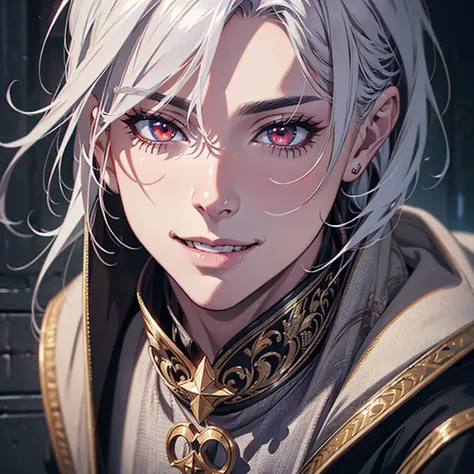 masterpiece, best quality, solo boy, middle age, silver hair, red eyes, face shot, smile, detailed face, realistic, detailed eyes, detailed nose, detailed lips, cinematic lighting, award winning, volumetric lighting, rich colors, hyperrealistic, 8k, intric...