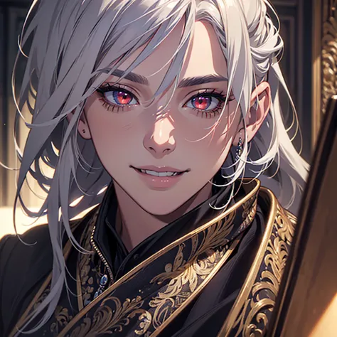 masterpiece, best quality, solo boy, middle age, silver hair, red eyes, face shot, smile, detailed face, realistic, detailed eyes, detailed nose, detailed lips, cinematic lighting, award winning, volumetric lighting, rich colors, hyperrealistic, 8k, intric...