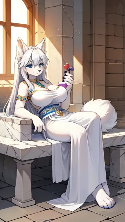 best quality, best resolution, (fluffy anthro furry), arctic fox girl, silver hair, blue eyes, (white fur), long straight hair, big breast, sophisticated manner, (ancient greek clothes, White tunic, greek toga), laying on marble bench, ancient greece, feas...