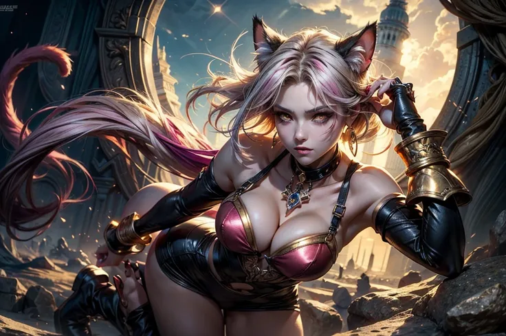 There is lost coliseum there stand female lionessin battle stance, she have ebony colour skin beautiful yellow cat eyes dark gold eyeshadows make up, ring style earrings, her hair is purple with pink highlights . she dressed in white neather topic with gol...