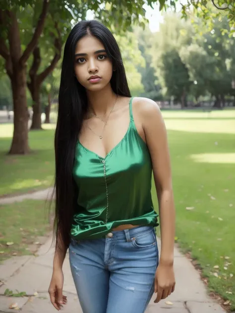 Portrait of 19 years old charming teenager girl, healthy, beautiful Indian woman, very long black hair, cute and serious, naughty and provoking expression to the viewer, ((tight green silk top))), jeans, full body, in the park, sexy, ultra-realistic, photo...