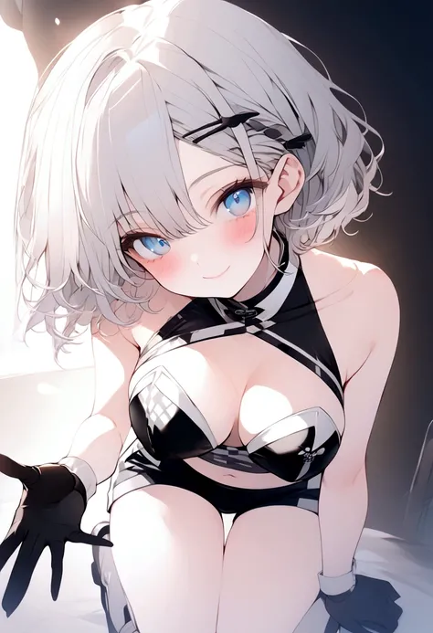 beautiful, masterpiece, Highest quality, anime, One girl, C Cup,Portrait Shot, View your viewers, Covered、Short Hair、nearby、Blue Eyes、art、、White hair,Blue streaked hair、wallpaper、hairpin、Cute smile、Thighs、navel、Black and White_Race Queen、Black and White_Gl...