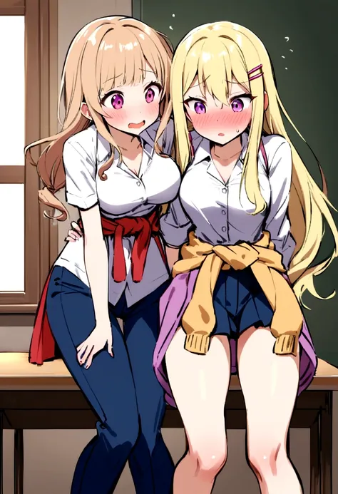 Cute Japanese Girls　shirt　Blonde　Lively impressions　Dance Club　uniform　Wrap a cardigan around your waist　hairpin　Long Hair　on the desk　M-shaped legs　Show your pants　Embarrassed