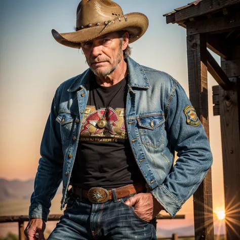 (best quality, masterpiece, highest detailed), (photorealistic:1.2), (detailed light:1.2), (Realistic skin texture:1.4), raw photo, Cowboy shot, Cleen Eastwood, old cowboy, tire gray beard, shabby cowboy jacket  , sheriffs badge, old black T-shirt, old jea...