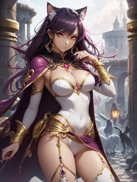 There is lost coliseum there stand female lionessin battle stance, she have ebony colour skin beautiful yellow cat eyes dark gold eyeshadows make up, ring style earrings, her hair is purple with pink highlights . she dressed in white neather topic with gol...