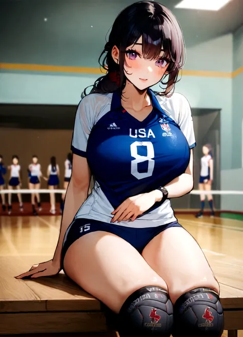 Arabian Asian woman wearing volleyball uniform sitting at table, Wearing a volleyball jersey, Korean Girls, Japanese Model, Shot with a Canon 5D MK4, usa volleyball, 4k yen ], 4K], beautiful south Korean women, Indoor shooting, Shot with Canon EOS 5D Mark ...