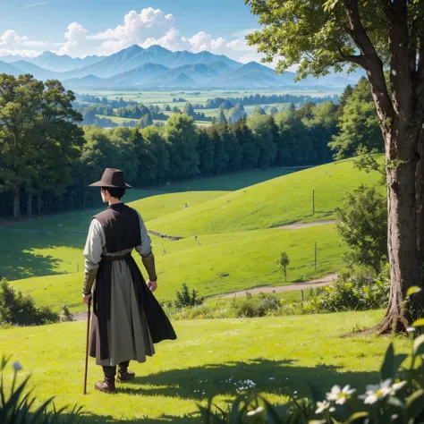 In a green meadow stands a faceless black hair boy holding stick of wooden with medieval farmer outfit
BREAK
Behind him, a green forest stretches out and beyond that, mountains rise in the distance.