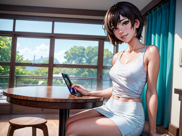 high quality, Makoto Shinkai style, detailed facial details, bright colors, 4K, (solo:1.3), A 20-year-old beautiful woman with short hair, wearing a white tank top and a white miniskirt, is sitting at a dining table in a modern living room. She is smiling ...