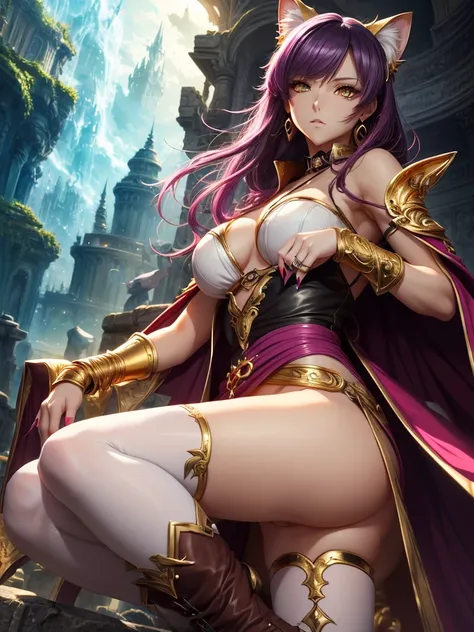 There is lost coliseum there stand female lionessin battle stance, she have ebony colour skin beautiful yellow cat eyes dark gold eyeshadows make up, ring style earrings, her hair is purple with pink highlights . she dressed in white neather topic with gol...