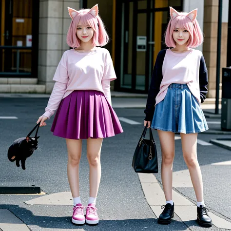 Cat ear　Bocchizarock Cute girl Pink hair Full body standing Smile