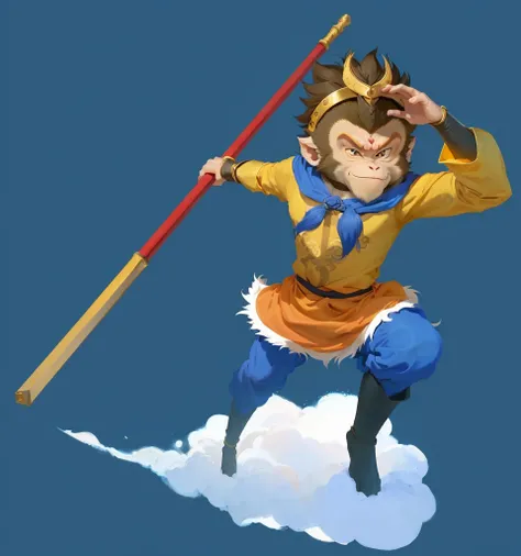 A cartoon image of a monkey holding a pole, sun wukong, wukong, Sun Wukong, Smart monkey with long knife, Akira in Chinese mythology, Journey to the West, hold head high, Humanoid monkey fantasy race, Legendary god holding a spear, avatar hold head high, I...