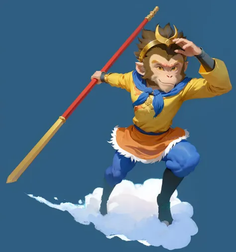 A cartoon image of a monkey holding a pole, sun wukong, wukong, Sun Wukong, Smart monkey with long knife, Akira in Chinese mythology, Journey to the West, hold head high, Humanoid monkey fantasy race, Legendary god holding a spear, avatar hold head high, I...