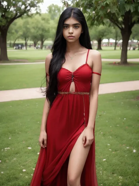 Portrait of 18 years old charming teenager, healthy, beautiful Indian woman, very long black hair, cute and serious, naughty and provoking expression to the viewer, ((red strappy dress))), full body, in the park, sexy, small breasts, perky flat chest, ultr...