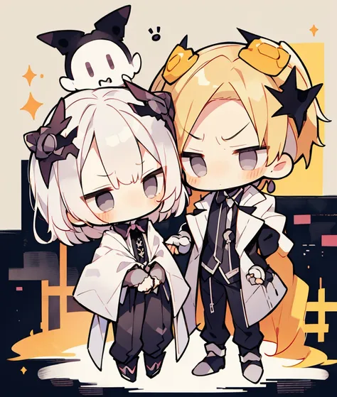 chibi 2boys pastel colors gradient flat chest gothic rose blonde silver hair gray eyes black eyes angry