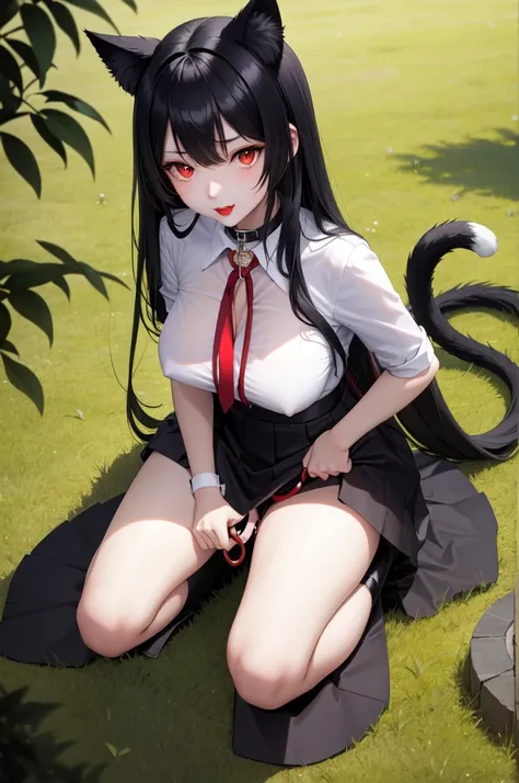 1 girl、Detailed facial details，Cat ear，Black long hair,red lips，Slim，Pure white shirt，Student Clothing，Large Breasts，Charming red eyes,Kneeling on the grass，，handcuffs，collar，Radiant Skin，campus，forest