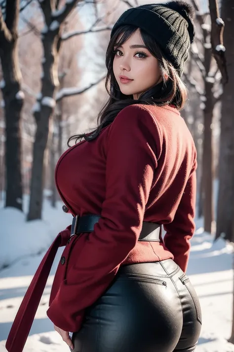 Beautiful sensual woman with a curvy body, long hair, bangs, french braid, widest waist, fitting breasts, curvy accentuated booty, sparkling eyes, long eyelashes, thick thighs, Strong calves, smirk, taniaayusiregar, She wears a red wool Coat, black Pullove...