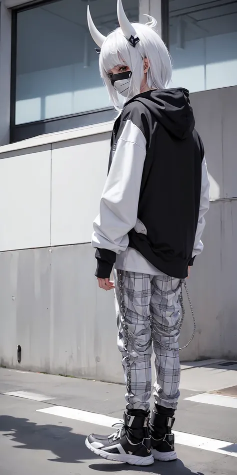 man wearing all back white mask with two horns , hoodi and Trousers Pants Harajuku with joradn white shoes, plaid pants, black pants, chain, tripppants, pants, strappy pants, mask, horns, alex_the_terrible_mask, hoodie, wearing a hoodie