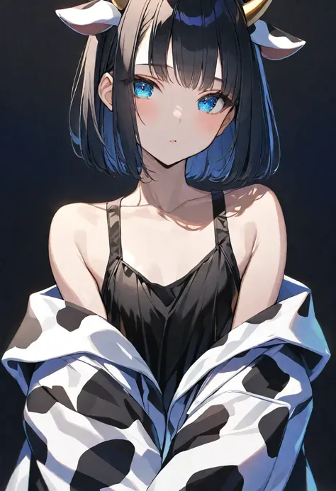 solo, handsome, Glossy feel,
1. Female,
Hime cut,Straight Hair,Bob Hair, 
black hair, 
Nakano Yotsuba,
Blue Eyes,Soft look,beautiful,beautiful,Sexy,
Darkness,Cow pattern, Off Shoulder,hoodie,
skin,Alluring,Cow horn,
black  background,