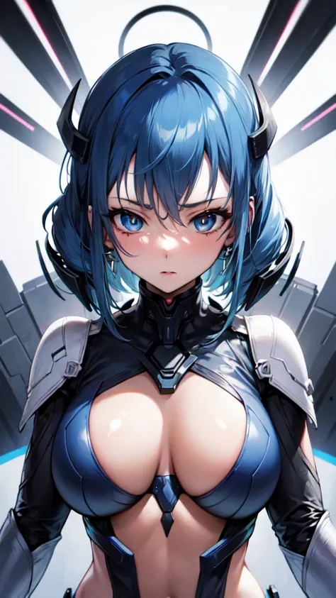 Mature Woman, Woman in a futuristic suit, Highly detailed face, nice, mother, Tomboy, Very large breasts, (Mature Woman), Adult face, (Mature Woman), Cyber Suit, Anime girl in tight suit, Milfication, Elegant body, Focus on the navel, nude, gloves, Earring...