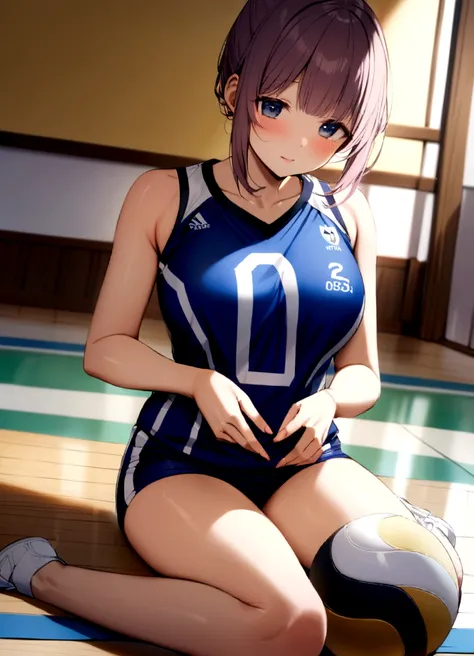 A woman in a volleyball uniform is sitting on the floor, Wearing a volleyball jersey, Sports bra and dark blue shorts, Cute girl in a tank top,  Indoor shooting, Navy leotard costume, mayuri shiina, 