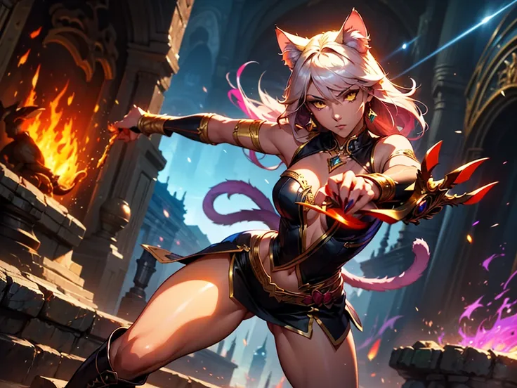 There is lost coliseum there stand female lionessin battle stance, she have ebony colour skin beautiful yellow cat eyes dark gold eyeshadows make up, ring style earrings, her hair is purple with pink highlights . she dressed in white neather topic with gol...