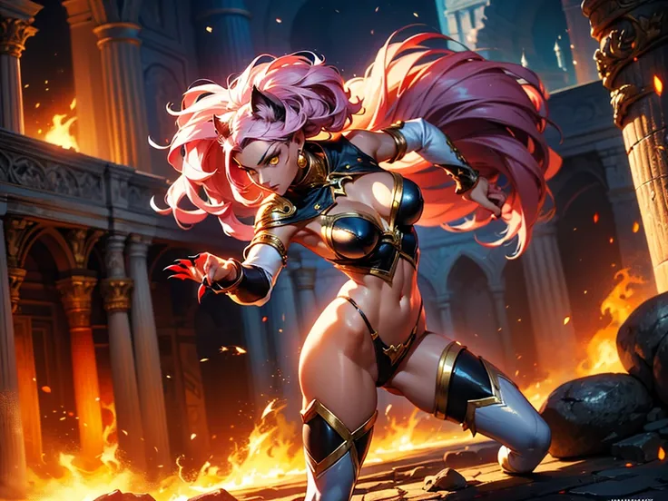 There is lost coliseum there stand female lionessin battle stance, she have ebony colour skin beautiful yellow cat eyes dark gold eyeshadows make up, ring style earrings, her hair is purple with pink highlights . she dressed in white neather topic with gol...