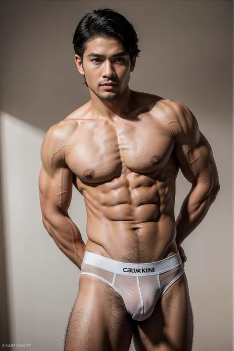 Ancient Thai Daddy,60 year old,Thai nationality,Thai ethnicity,white wall background,skinny boy body, muscle body,sport body, big muscle, Handsome face,Six Pack,muscle,Crew Cut Mens hairstyle, He was wearing tight White Calvin Klein underwear and curved le...