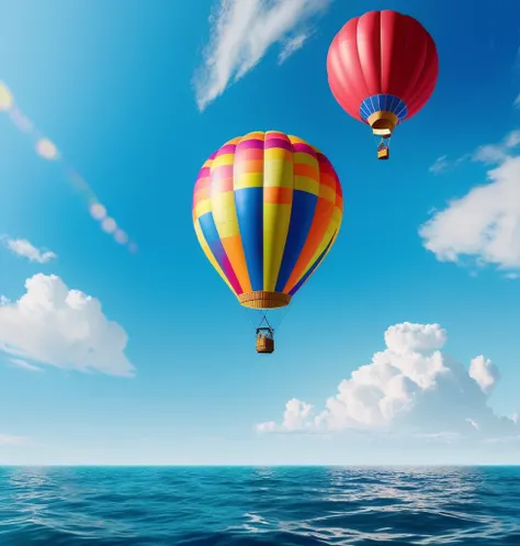 there is a picture of a hot air balloon flying over the ocean, around the world, official artwork, travel ad, travel upwards, round-cropped, round about to start, official art, round background, screen capture, round, screen grab, promotional render, round...