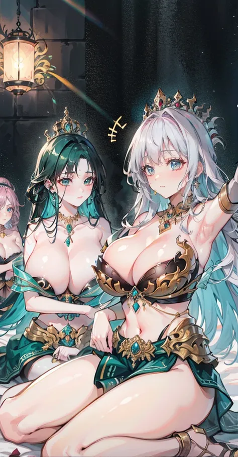 Group of 5 princesses,(6 young women,many young women), (in the bedroom), Various hair styles, harem,(shiny armor, Beautiful crowns and jewelry,crystal filigree jewelry), at night, detailed face, big breasts,Breast curtain, long skirt, mule, Sleeveless , S...