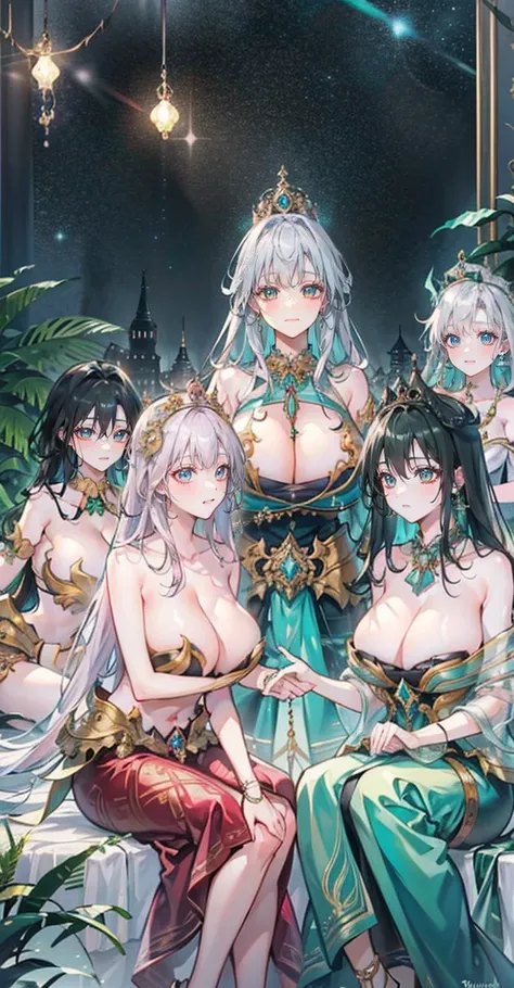 Group of 5 princesses,(6 young women,many young women), (in the bedroom), Various hair styles, harem,(shiny armor, Beautiful crowns and jewelry,crystal filigree jewelry), at night, detailed face, big breasts,Breast curtain, long skirt, mule, Sleeveless , S...