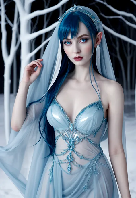 A ice elf (lovely woman, pale blue skin, deep blue hair and eyes, sheer reflective evening dress) acting alluring in a winter wonder land
