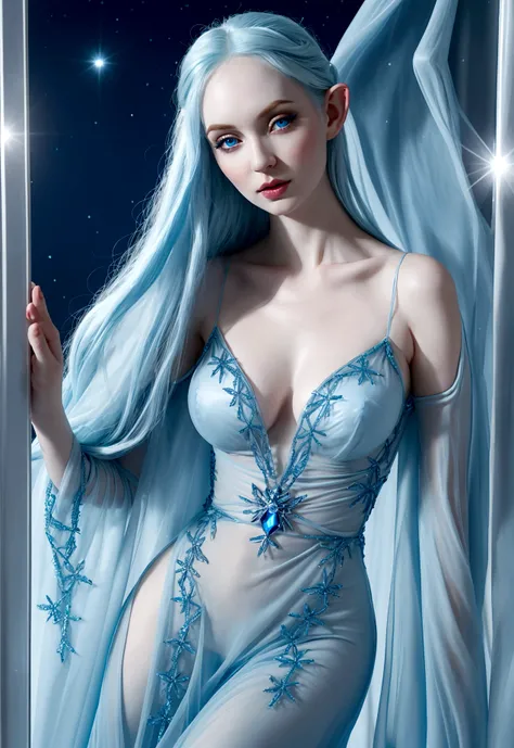 A ice elf (lovely woman, pale blue skin, deep blue hair and eyes, sheer reflective evening dress) acting alluring in a winter wonder land
