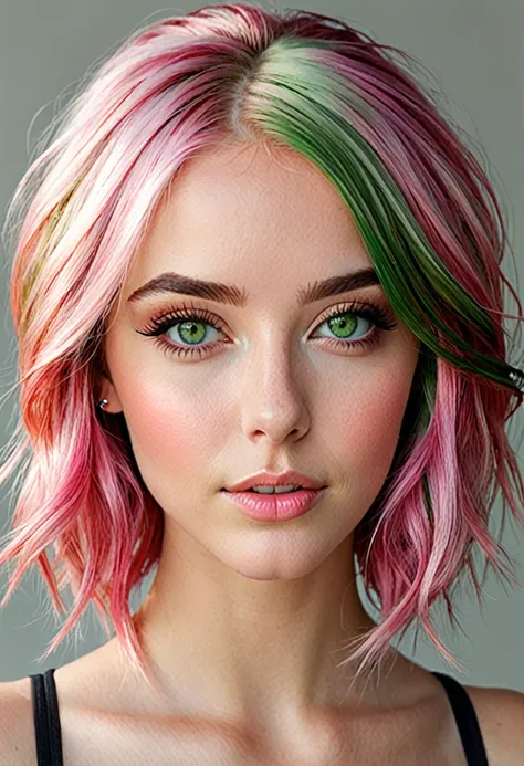 girl, beautiful green eyes, clear skin, soft makeup, streaked green/pink hair, realistic soft skin, tight body, photorealistic. ,realistic