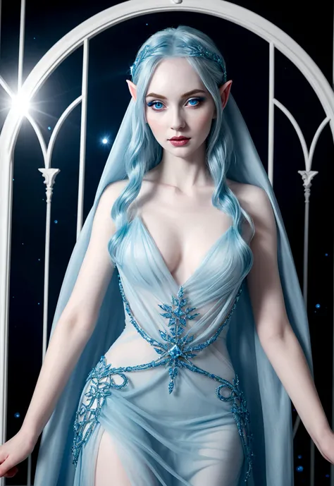 A ice elf (lovely woman, pale blue skin, deep blue hair and eyes, sheer reflective evening dress) acting alluring in a winter wonder land
