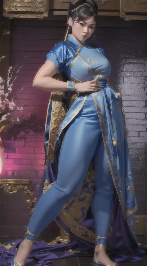 a close up of a woman in a blue outfit posing, portrait of chun - li, chun li, chun-li, chun - li, portrait of chun li, inspired by Leng Mei, as a character in tekken, full body xianxia, fighting game character, character from king of fighters, dead or ali...